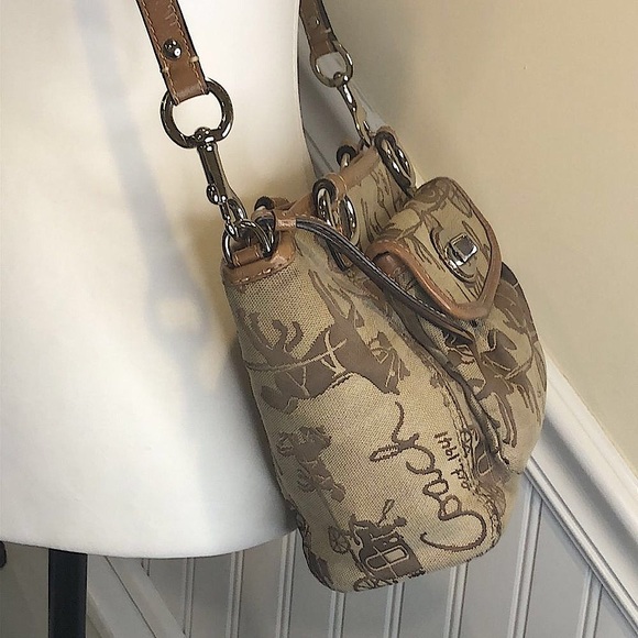COACH Tan Horse Carriage Embroidered Canvas Brown Leather Crossbody Shoulder Bag - Picture 5 of 16